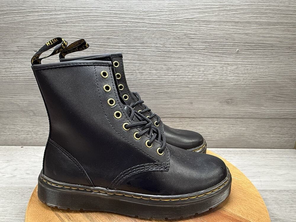 Dr. Martens Zavala 6” Combat Boots Black Leather Lace Up AirWair 8 Women